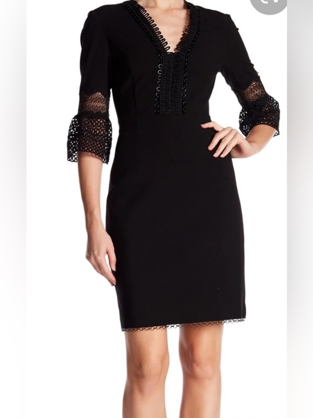 Elie Tahari Black Lace-Trim V-Neck Sheath Dress, size 10